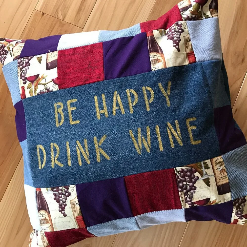 Wine Pillow Cover, 18 x 18, Handmade Vino Home Decor Patchwork Recycled Fabric